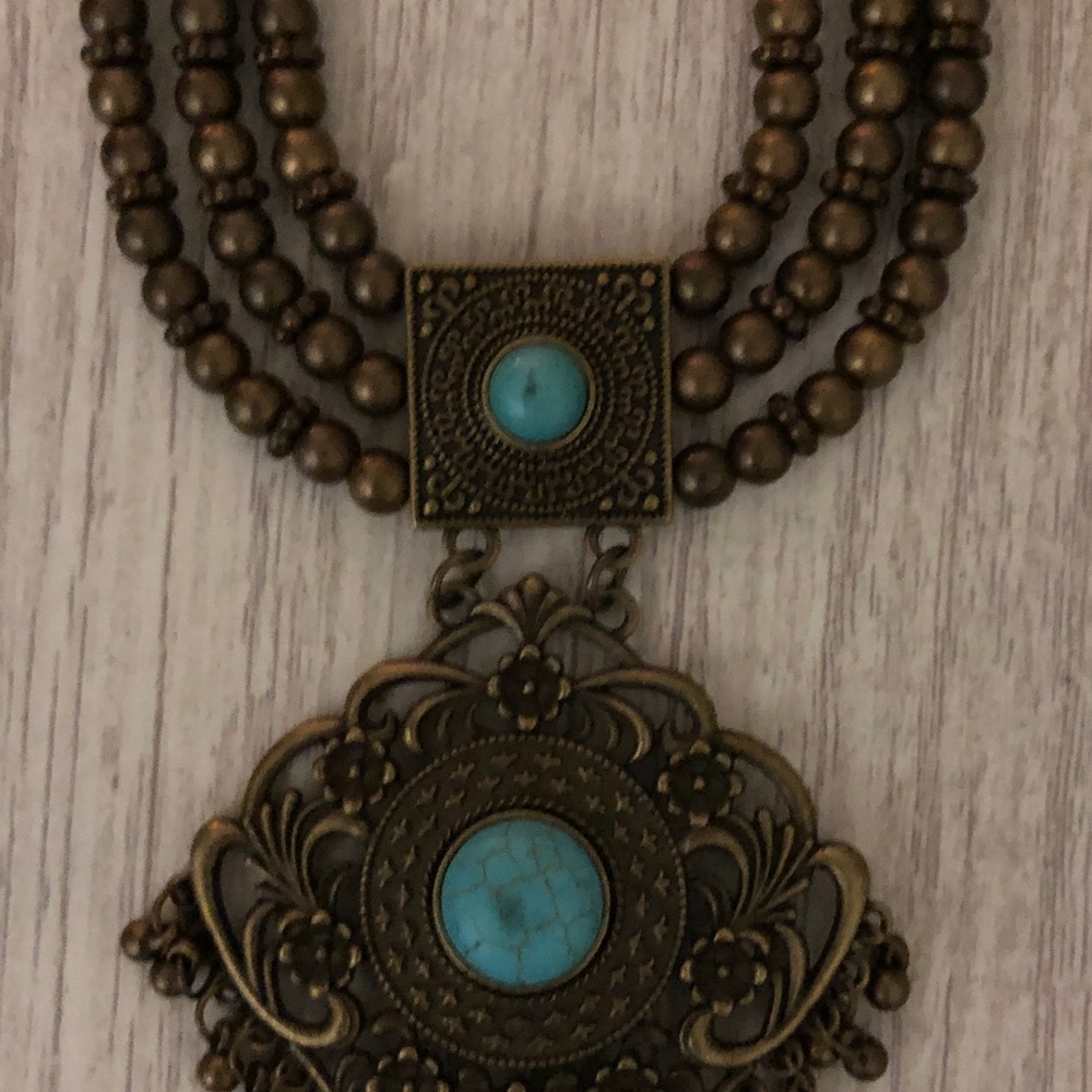 Vintage-Style Bronze Necklace with Turquoise Accents
